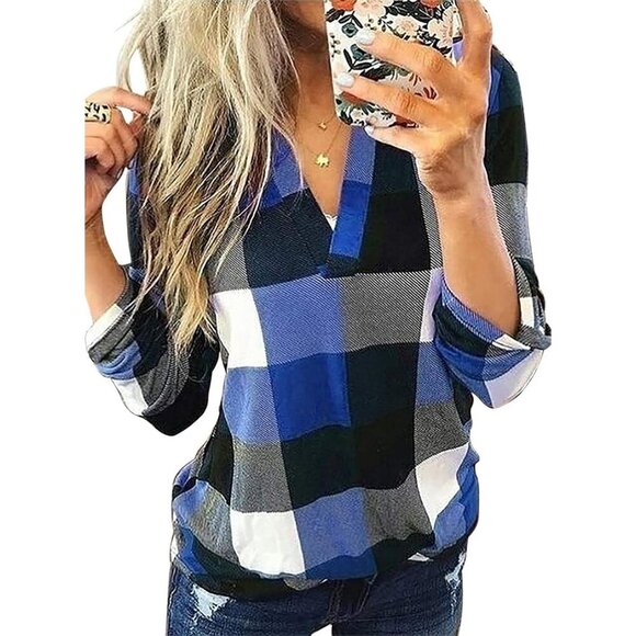 Tops - Women's Plaid Cuffed Long Sleeve Blouse V-Neck Casual Work Top S-3XL
